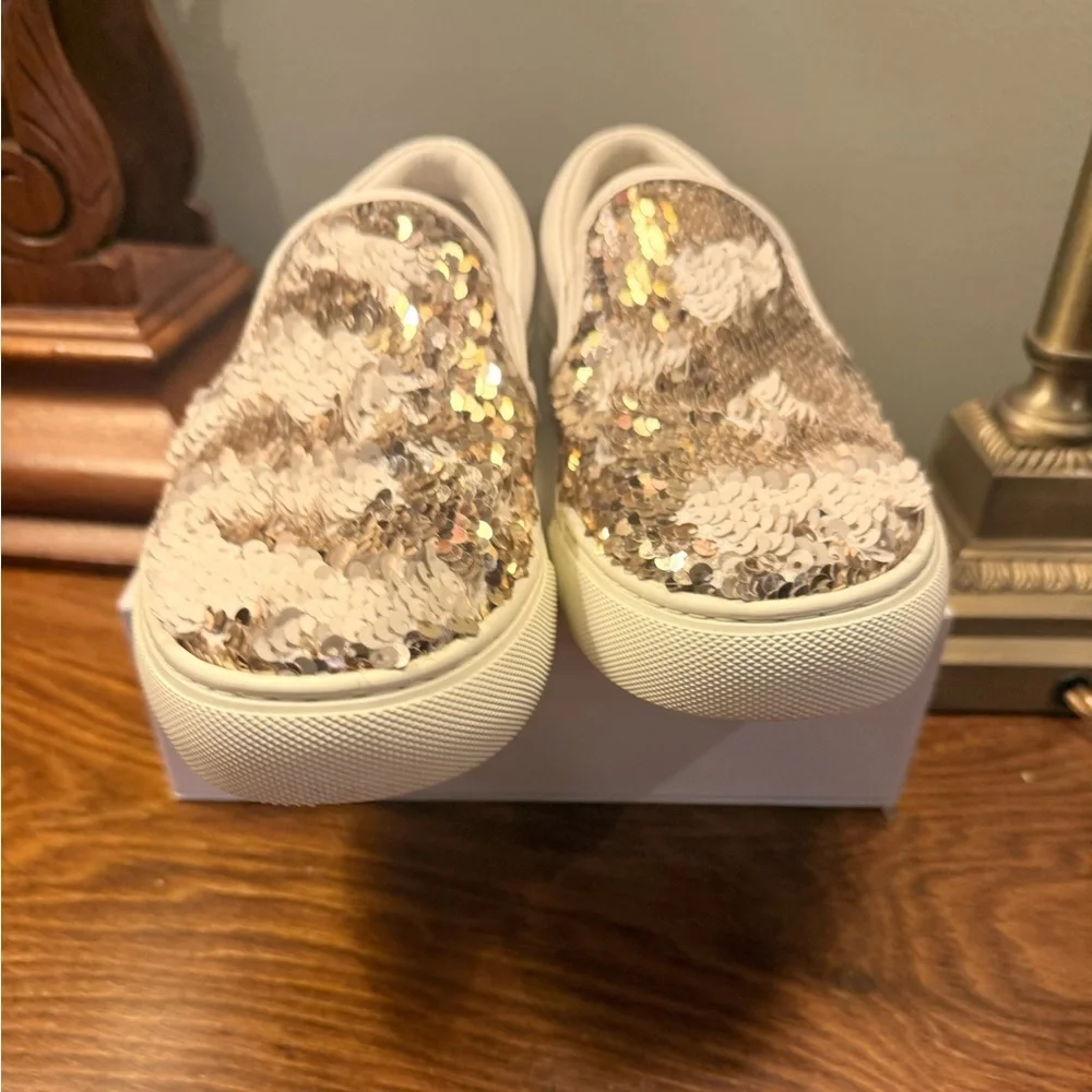 Tory Burch Carter Leather Slip-On Sneaker US 5.5 Sparkle Gold/Snow White $248